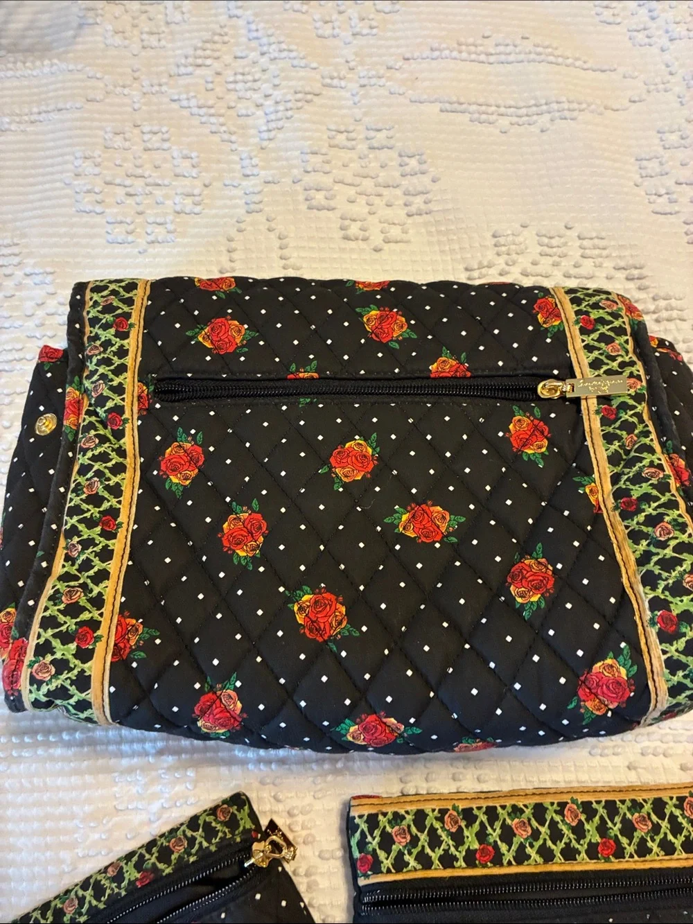 Black Quilted Rose Print Four piece Pouch Set